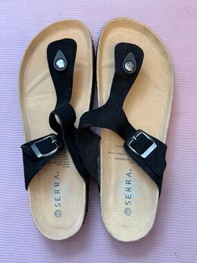 Serra Black Suede Toe-Post Buckle Women's Sandals